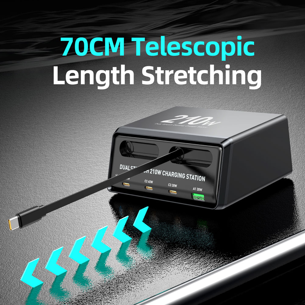 POWERTECH σταθμός φόρτισης PT-1623, USB/3x USB-C/2x USB-C καλώδια, GaN, 160W, μαύρος - Image 3