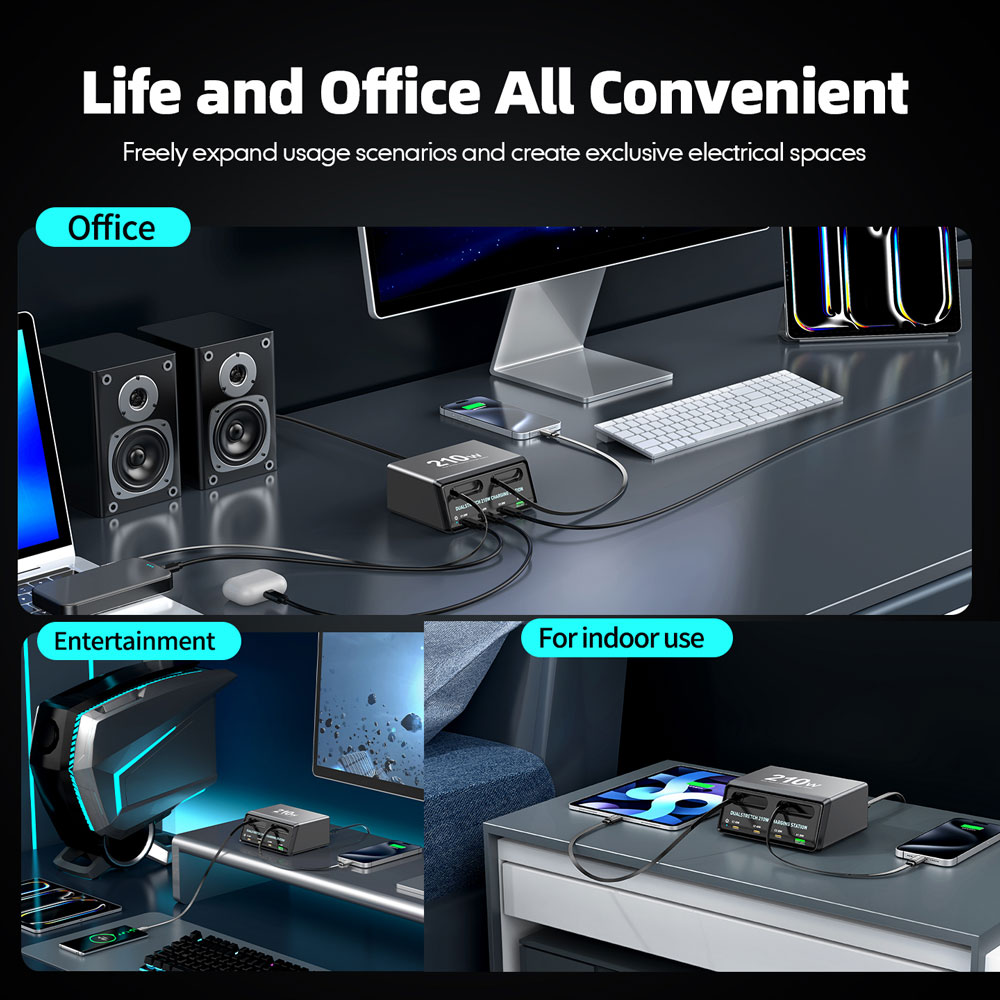 POWERTECH σταθμός φόρτισης PT-1623, USB/3x USB-C/2x USB-C καλώδια, GaN, 160W, μαύρος - Image 4
