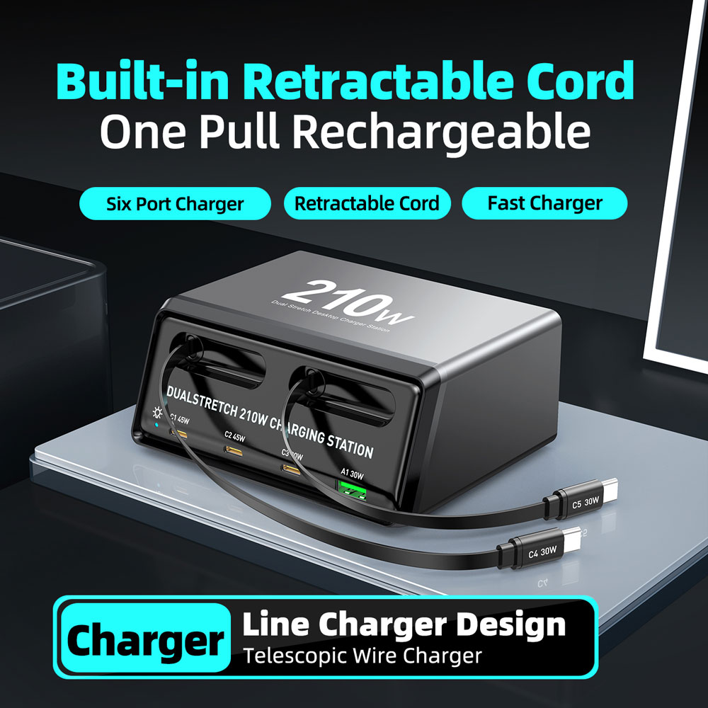 POWERTECH σταθμός φόρτισης PT-1623, USB/3x USB-C/2x USB-C καλώδια, GaN, 160W, μαύρος - Image 5