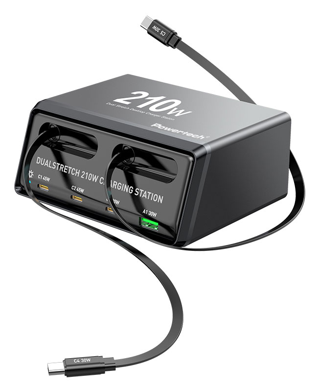 POWERTECH σταθμός φόρτισης PT-1623, USB/3x USB-C/2x USB-C καλώδια, GaN, 160W, μαύρος