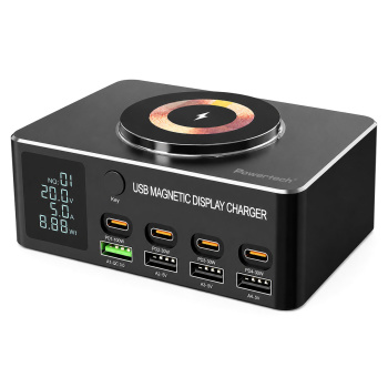 POWERTECH σταθμός φόρτισης PT-1625 με οθόνη, 4x USB/4x USB-C/wireless, 140W, μαύρος