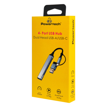POWERTECH USB hub PTR-0206, 4x θυρών, USB 3.0, 5Gbps, USB & USB-C σύνδεση, γκρι