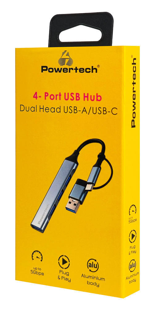 POWERTECH USB hub PTR-0206, 4x θυρών, USB 3.0, 5Gbps, USB & USB-C σύνδεση, γκρι - Image 2